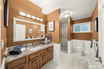 Updated vanity and walk in shower in the downstairs bathroom.