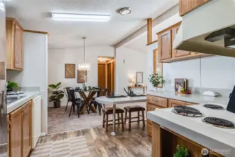 The kitchen is nice and open to the dining area.