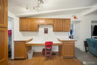 Built-in desk in the kitchen, perfect for organizing recipes, crafting, planning projects, or a convenient spot for working from home.