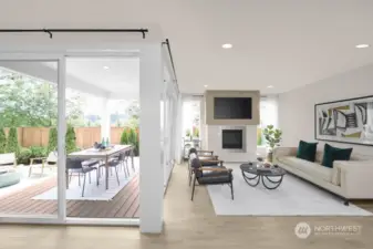Great Room lined by oversized doors providing access to the Signature Outdoor Room. Facade, Ext Colors, Interior Photos & Floor Plans for illustrative purposes only. Actual Facade, Ext Colors, Interiors & Floor Plans may differ.