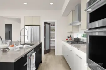 Gourmet Kitchen with supersized island, European inspired cabinetry and Stainless Steel, energy efficient appliances. Facade, Ext Colors, Interior Photos & Floor Plans for illustrative purposes only. Actual Facade, Ext Colors, Interiors & Floor Plans may differ.