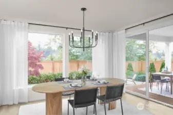 Dining Room with elegant chandelier and access to the Signature Outdoor Room. Facade, Ext Colors, Interior Photos & Floor Plans for illustrative purposes only. Actual Facade, Ext Colors, Interiors & Floor Plans may differ.
