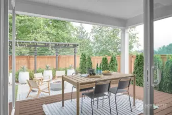 Signature Outdoor Room with wall-height sliding glass doors and composite decking. Facade, Ext Colors, Interior Photos & Floor Plans for illustrative purposes only. Actual Facade, Ext Colors, Interiors & Floor Plans may differ.