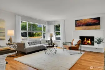Spacious living room with hardwood floors