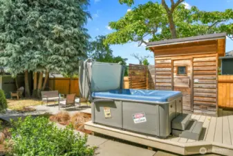 Amazing hot tub and sauna stay with the home.