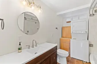 Fully Remodeled Bathroom on Main Level Featuring Terracotta Tile Flooring and Custom Vanity