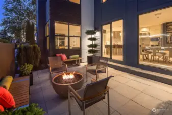 Flagstone hardscape with built-in gas fireplace and beatiful trees and plants.  Just a step outside the amazing kitchen, dining and living room open space.  The space is made interesting by the use of a combination of sidings to the home which offer a stylish, contemporary feel to the patio.