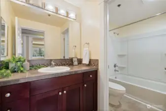 Hall way bathroom with bath tub.