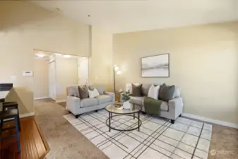 Vaulted ceiling in living room.