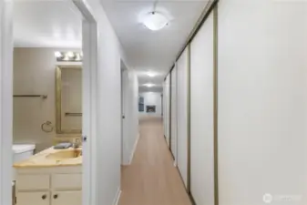 Here is hallway off entry way leading to family kitchen great room with full length storage cabinets for all your stuff to the right and full bathroom to the left.  Everything you need while you live here.  See how light and bright it is also