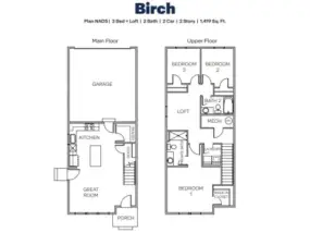 Birch plan offers open great room with island kitchen below, loft and private suite above. Pictures are for representational purposes only, colors and features may vary.