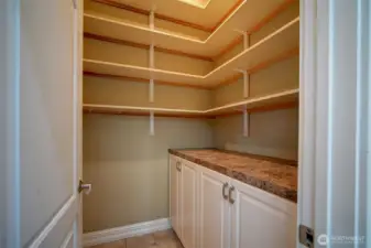 Spacious pantry with shelving and cabinets.