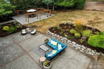 Unwind in the terraced backyard with patios for relaxing or entertaining.