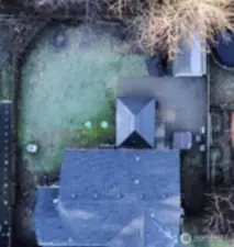 Aerial view of the house, gazebo and storage/potential detached ADU. 2-year old roof for peace of mind.