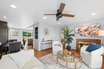 Adjacent dining area has a vintage built in for display and storage.