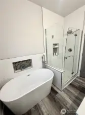 Downstairs primary suite large shower and soaking tub