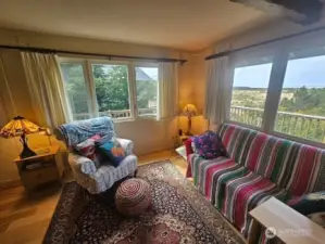Views out of two sets of windows in the living room.