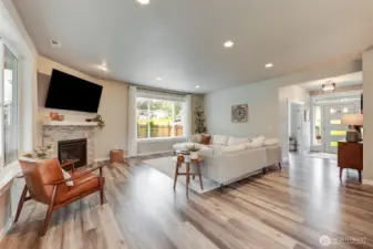 The great room offers a cozy gas fireplace.