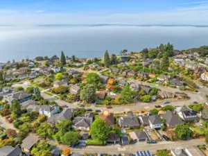 This drone shot shows the proximity to Magnolia Blvd., a favorite route to stroll. You can follow the Blvd north to Discovery Park, another favorite Magnolia attraction.