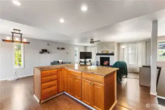 The kitchen opens to the dining area and great room.