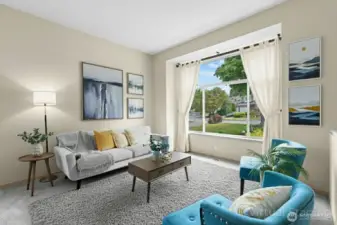 Elegant twilight shot featuring warm exterior glow and evening sky views.(Virtually Staged)