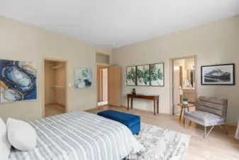 Elegant primary bedroom with walk-in closet and plenty of natural light—your private escape at the end of the day. (Virtually Staged )
