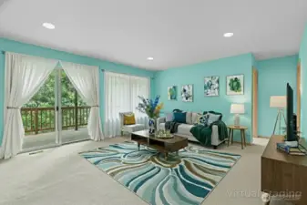 Open lower-level living area with full kitchen and easy access to the back deck—perfect for entertaining or guest quarters. (Virtually Staged)