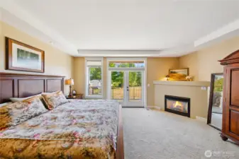 Primary bedroom on the main level with gas fireplace and access to covered wrap around porch