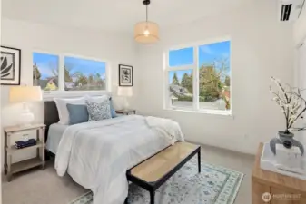 Here we are in the primary suite.  Although it shares the upstaris bathroom with the other bedroom, there is a huge walk in closet and a second closet in this large room with soaring ceilings and great southern light