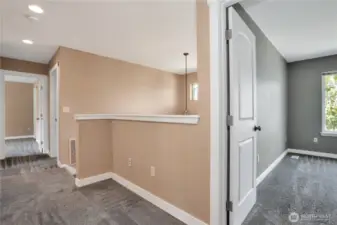 Landing upstairs, there are 2 rooms on each end of the house. Primary is the room off to the left.