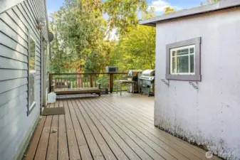 Additional dwelling's outdoor patio with storage shed