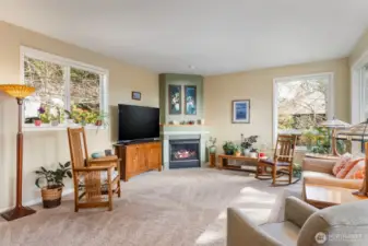 Ample oversized windows and a cozy gas fireplace welcome you home.