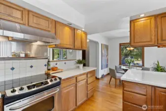 Looking towards the dining room, with an additional view through the kitchen "window."