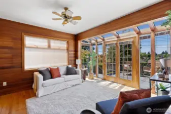 Clear cedar paneling gives a warm, Northwest feel to this room.