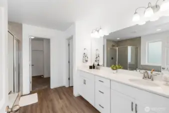 Primary bath with dual sinks, soaking tub and step in shower. Walk in closet and separate water closet.