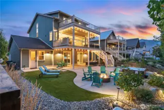 Exterior twilight view of outdoor living area.
