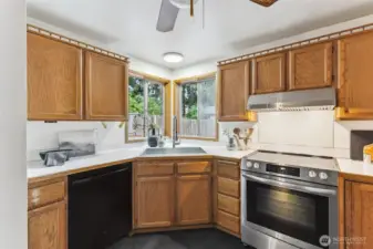 Bright corner kitchen featuring generous counter space, warm wood cabinetry, and updated stainless-steel appliances—perfect for cooking with a view.