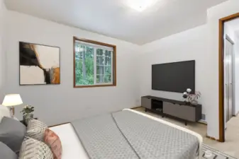 Cozy main-level bedroom with a peaceful forest-facing window and plenty of space for a bed and media setup.