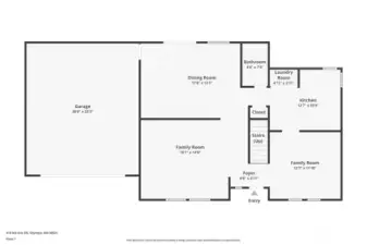 Floor Plan – Main Level:  This functional main level features multiple living spaces including a bright living room, spacious family room, and an open dining area connected to the kitchen. Convenient amenities include a main-level laundry room, powder bath, and direct access to the attached two-car garage.
