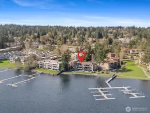 Aerial view of Lake Villas community on Lake Sammamish showing dock, waterfront setting, and surrounding neighborhood