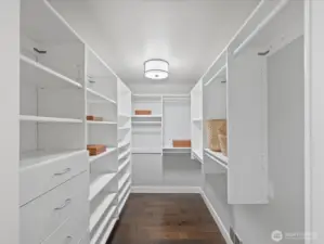 Walk-in closet with built-in shelving, drawers, and hardwood flooring
