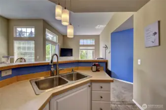 Kitchen sink view out to the main area and wndows