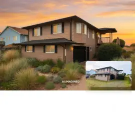 AI enhanced photo imagines beach landscape in the beautiful oceanfront home.