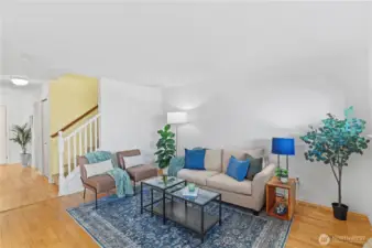 Large living area with cozy gas fireplace.