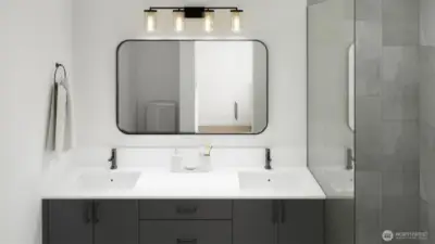 Modern vanity with sleek, minimalist finishes. (digital renderings)