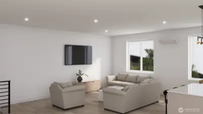 Bright, airy open-concept living area. (digital renderings)