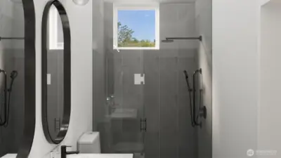 Luxury walk-in shower with vertical tile detail. (digital renderings)