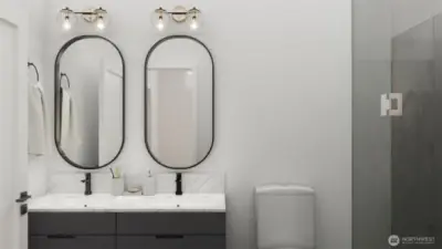 Contemporary bathroom design with ample light. (digital renderings)