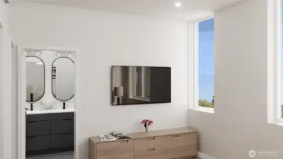 Expansive windows and sleek interior finishes. (digital renderings)