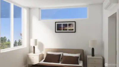 Serene bedroom with large picture windows. (digital renderings)